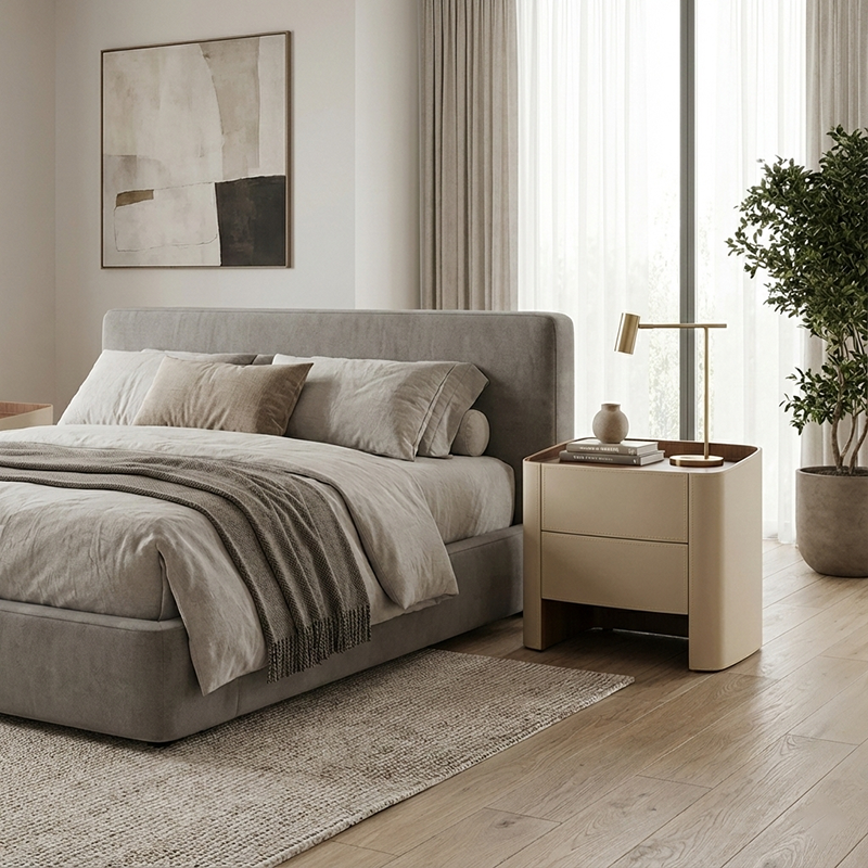 Modern Luxury Beige Nightstand: Floating Design & Saddle Leather Finish - Double Drawer Bedside Table For Bedroom Lumendat