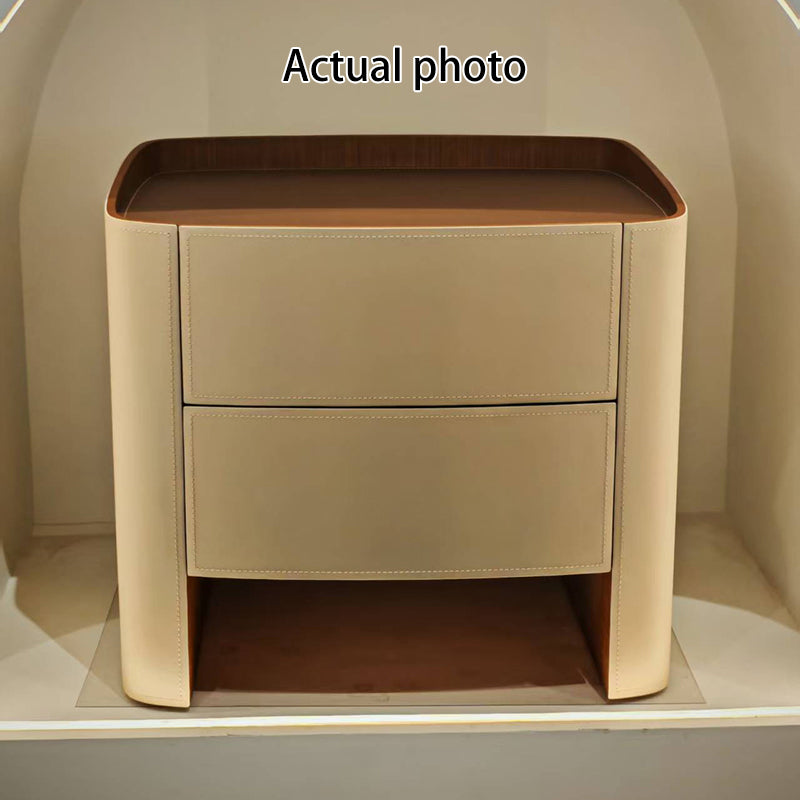 Modern Luxury Beige Nightstand: Floating Design & Saddle Leather Finish - Double Drawer Bedside Table For Bedroom Lumendat