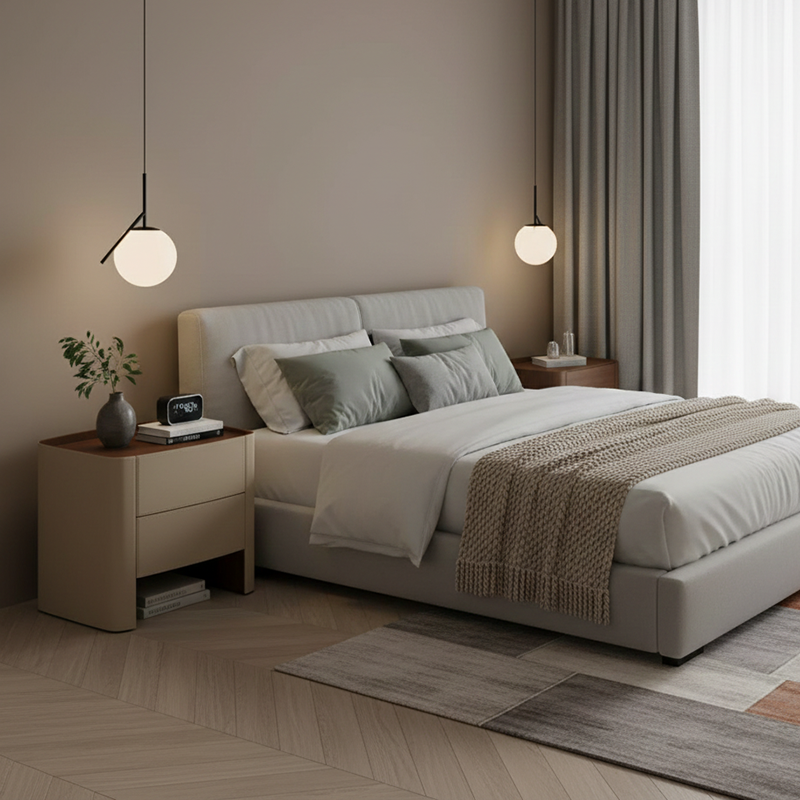 Modern Luxury Beige Nightstand: Floating Design & Saddle Leather Finish - Double Drawer Bedside Table For Bedroom Lumendat