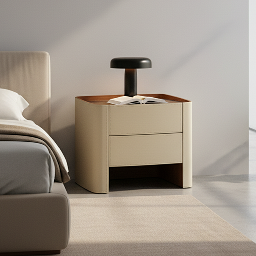Modern Luxury Beige Nightstand: Floating Design & Saddle Leather Finish - Double Drawer Bedside Table For Bedroom Lumendat