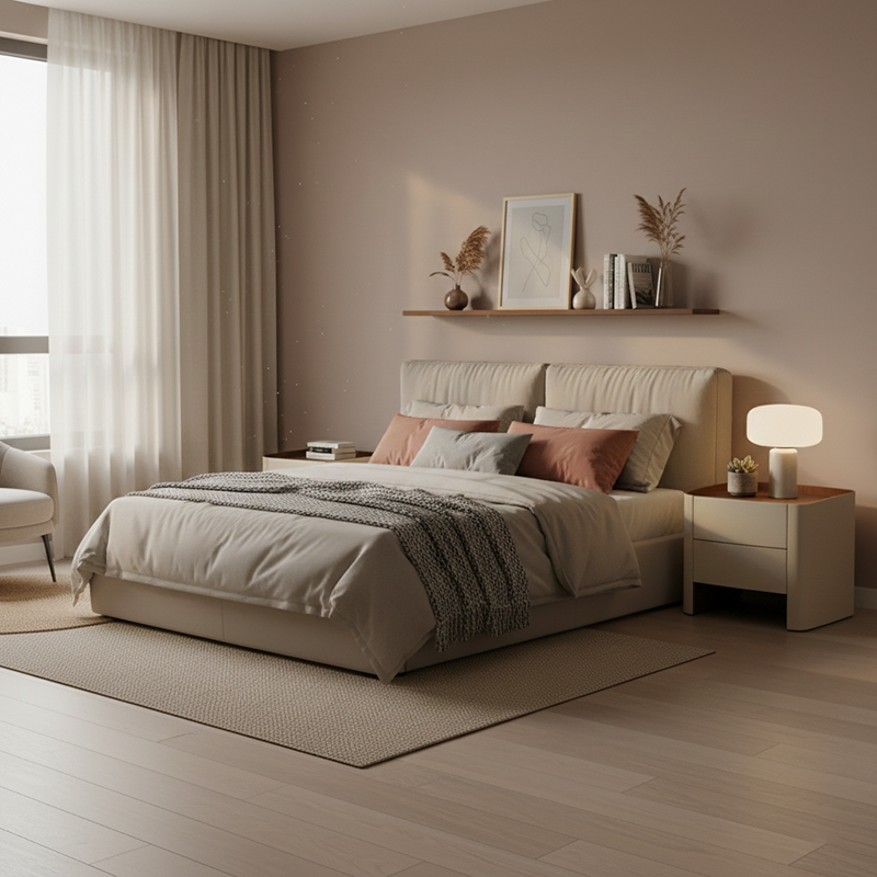 Modern Luxury Beige Nightstand: Floating Design & Saddle Leather Finish - Double Drawer Bedside Table For Bedroom Lumendat