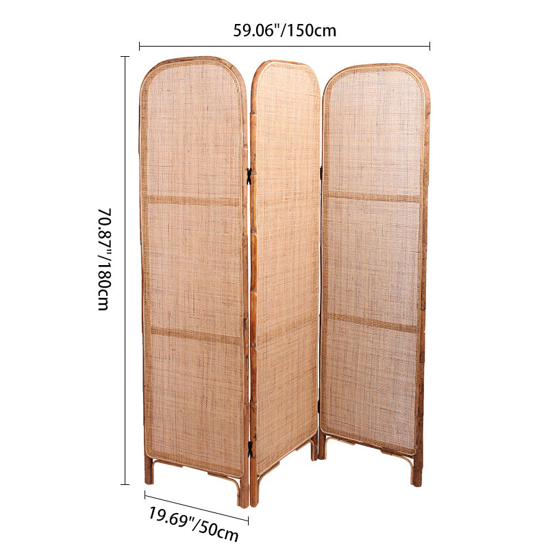 Traditional Chinese Wood Color Three-Panel Screen: Natural Indonesian Rattan - Handwoven Room Divider For Living Room Lumendat