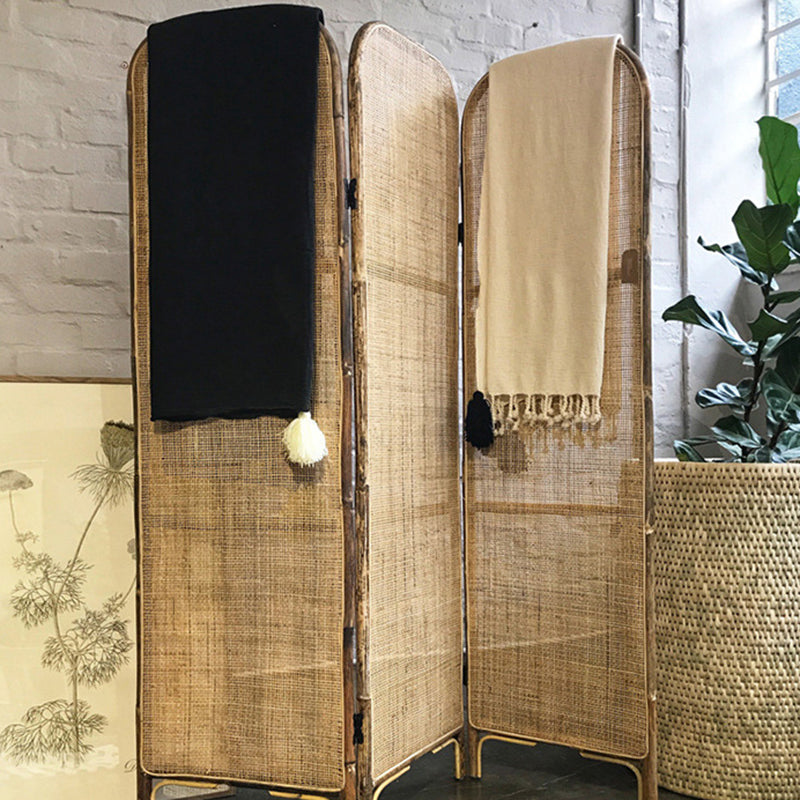 Traditional Chinese Wood Color Three-Panel Screen: Natural Indonesian Rattan - Handwoven Room Divider For Living Room Lumendat