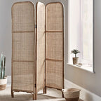 Traditional Chinese Wood Color Three-Panel Screen: Natural Indonesian Rattan - Handwoven Room Divider For Living Room Lumendat