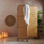 Traditional Chinese Wood Color Three-Panel Screen: Natural Indonesian Rattan - Handwoven Room Divider For Living Room Lumendat