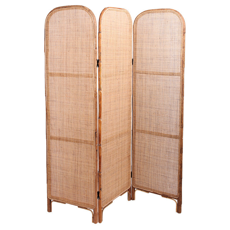 Traditional Chinese Wood Color Three-Panel Screen: Natural Indonesian Rattan - Handwoven Room Divider For Living Room Lumendat