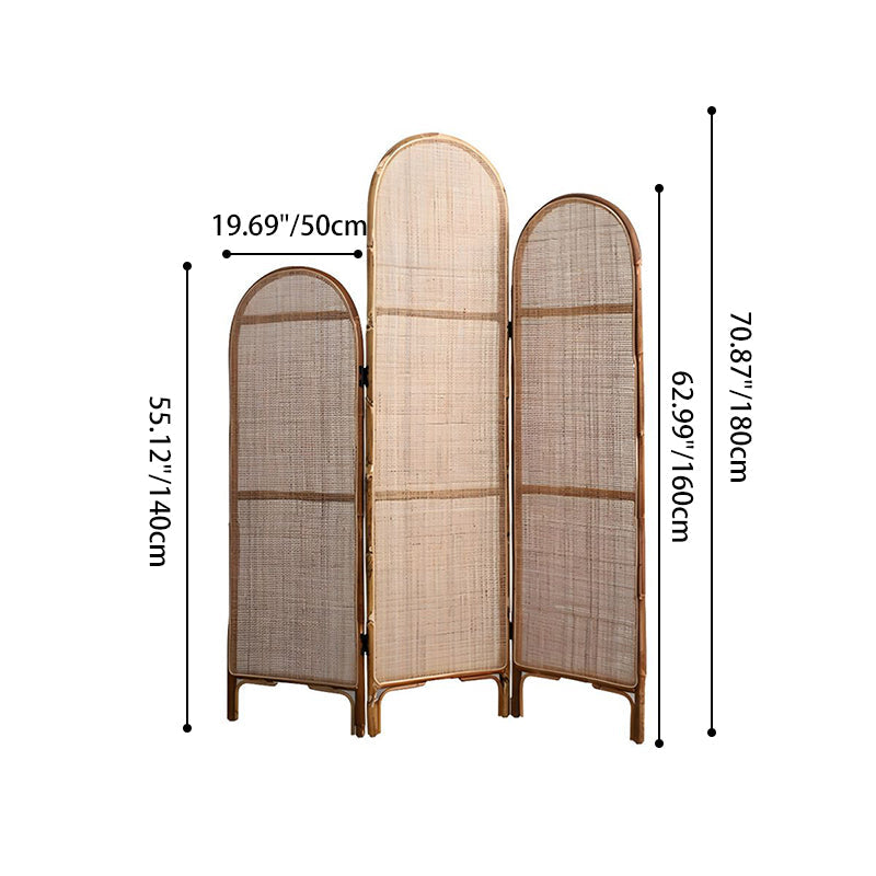Traditional Chinese Wood Color Three-Panel Screen: Natural Indonesian Rattan & Handwoven - Asymmetrical Tiered Design Room Divider For Living Room Lumendat