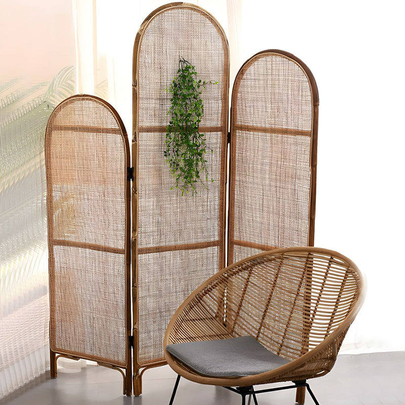 Traditional Chinese Wood Color Three-Panel Screen: Natural Indonesian Rattan & Handwoven - Asymmetrical Tiered Design Room Divider For Living Room Lumendat