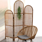Traditional Chinese Wood Color Three-Panel Screen: Natural Indonesian Rattan & Handwoven - Asymmetrical Tiered Design Room Divider For Living Room Lumendat