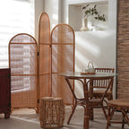 Traditional Chinese Wood Color Three-Panel Screen: Natural Indonesian Rattan & Handwoven - Asymmetrical Tiered Design Room Divider For Living Room Lumendat