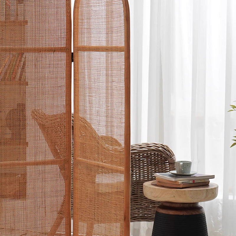 Traditional Chinese Wood Color Three-Panel Screen: Natural Indonesian Rattan & Handwoven - Asymmetrical Tiered Design Room Divider For Living Room Lumendat