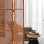 Traditional Chinese Wood Color Three-Panel Screen: Natural Indonesian Rattan & Handwoven - Asymmetrical Tiered Design Room Divider For Living Room Lumendat
