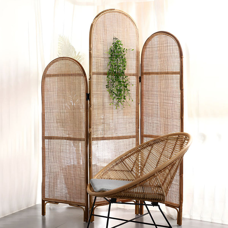 Traditional Chinese Wood Color Three-Panel Screen: Natural Indonesian Rattan & Handwoven - Asymmetrical Tiered Design Room Divider For Living Room Lumendat
