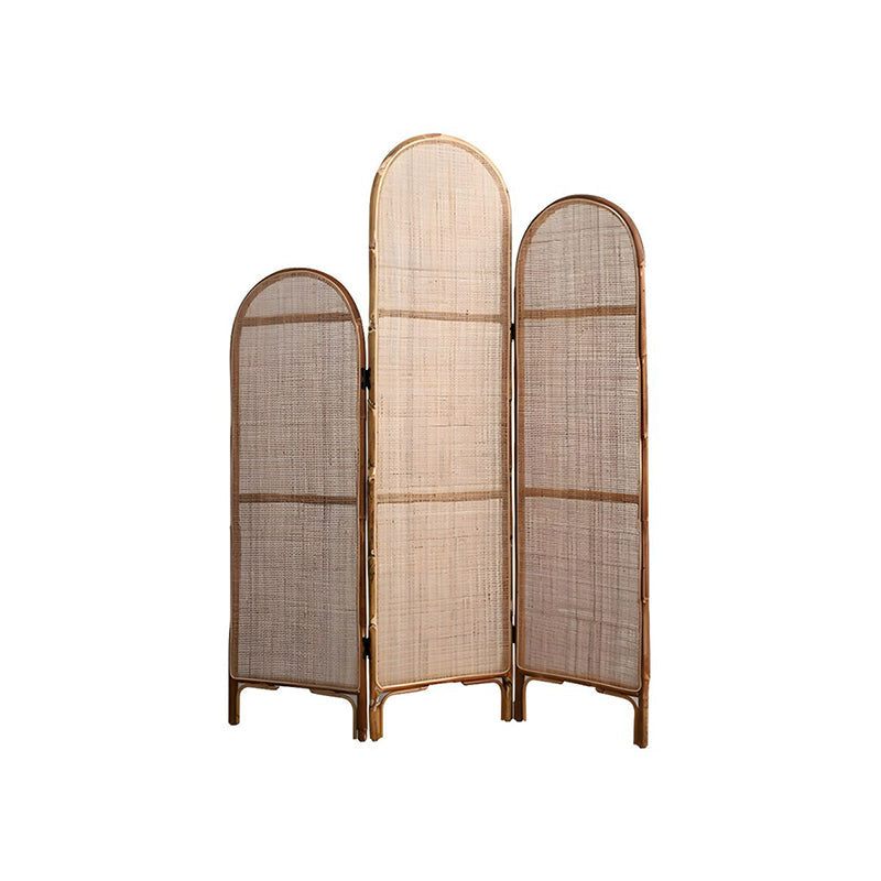 Traditional Chinese Wood Color Three-Panel Screen: Natural Indonesian Rattan & Handwoven - Asymmetrical Tiered Design Room Divider For Living Room Lumendat