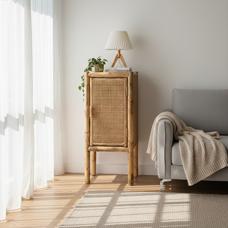 Traditional Chinese Slim Storage Cabinet: Natural Indonesian Rattan & Handwoven - Space-Saving Storage Sideboard For Living Room Lumendat
