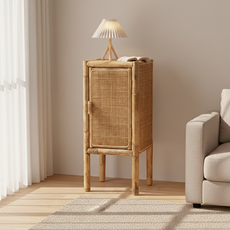 Traditional Chinese Slim Storage Cabinet: Natural Indonesian Rattan & Handwoven - Space-Saving Storage Sideboard For Living Room Lumendat