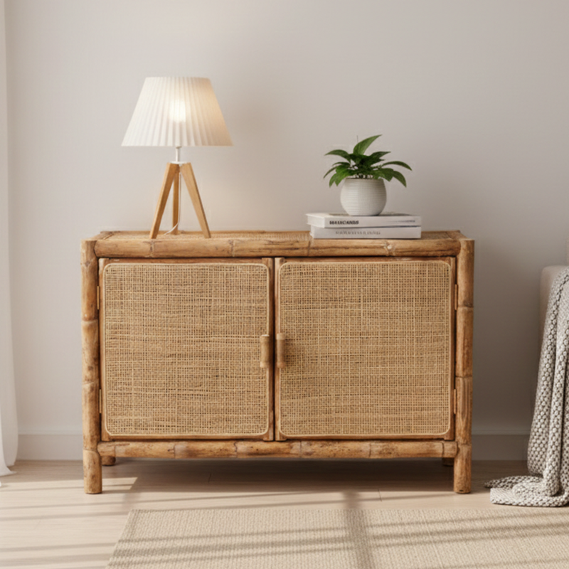 Traditional Chinese Rectangular Storage Cabinet: Natural Indonesian Rattan & Handwoven - Large Capacity Storage Sideboard For Living Room Lumendat