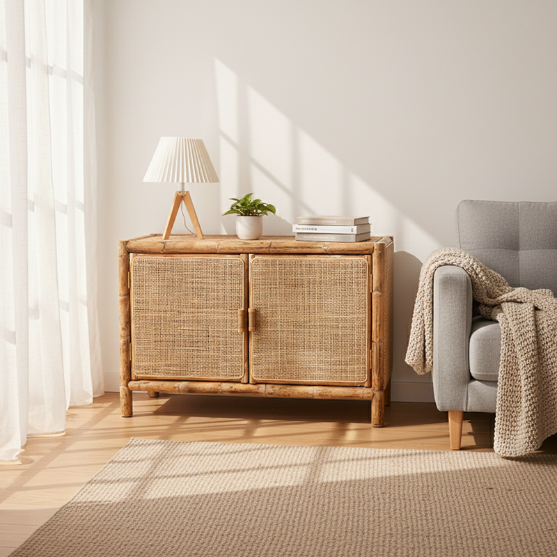 Traditional Chinese Rectangular Storage Cabinet: Natural Indonesian Rattan & Handwoven - Large Capacity Storage Sideboard For Living Room Lumendat