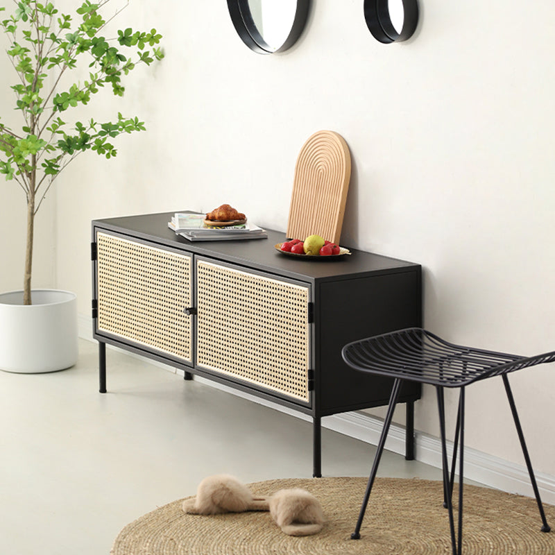 Traditional Vintage Rectangular Iron Storage Cabinet: Natural Indonesian Rattan & Handwoven - 1-Cabinet Large Capacity Sideboard For Living Room Lumendat
