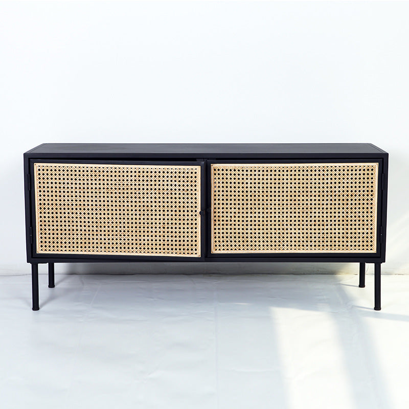 Traditional Vintage Rectangular Iron Storage Cabinet: Natural Indonesian Rattan & Handwoven - 1-Cabinet Large Capacity Sideboard For Living Room Lumendat