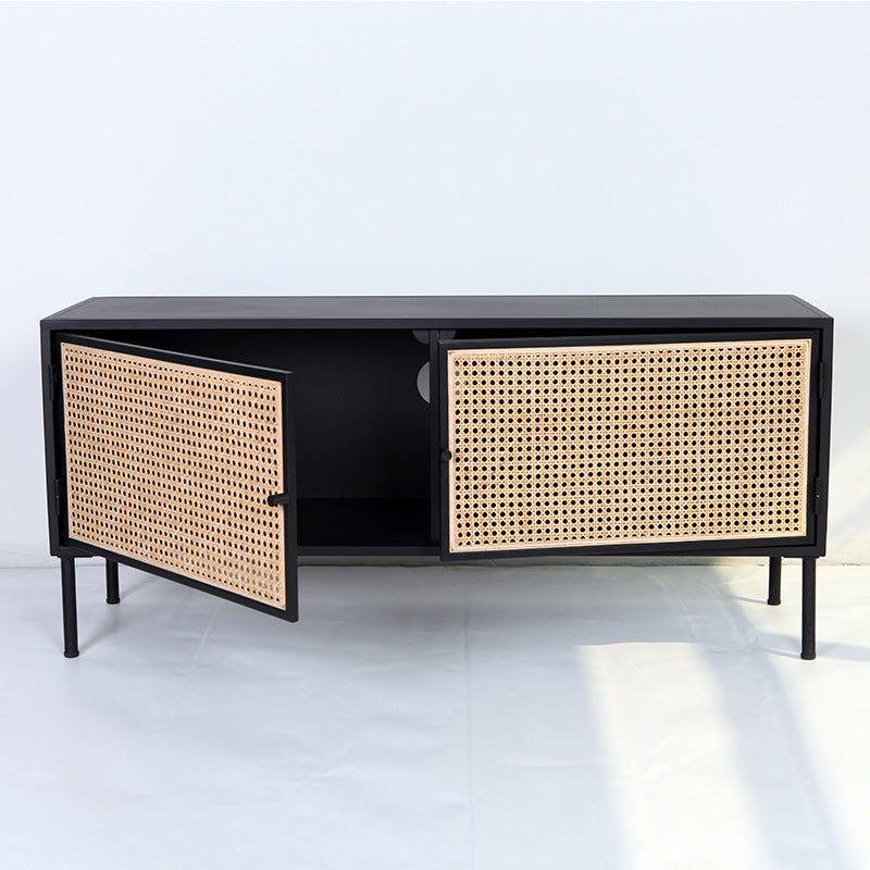 Traditional Vintage Rectangular Iron Storage Cabinet: Natural Indonesian Rattan & Handwoven - 1-Cabinet Large Capacity Sideboard For Living Room Lumendat