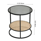 Modern Minimalist Round Glass-Top Side Table: Natural Indonesian Rattan & Handwoven - 2-Tier End Table For Living Room Lumendat