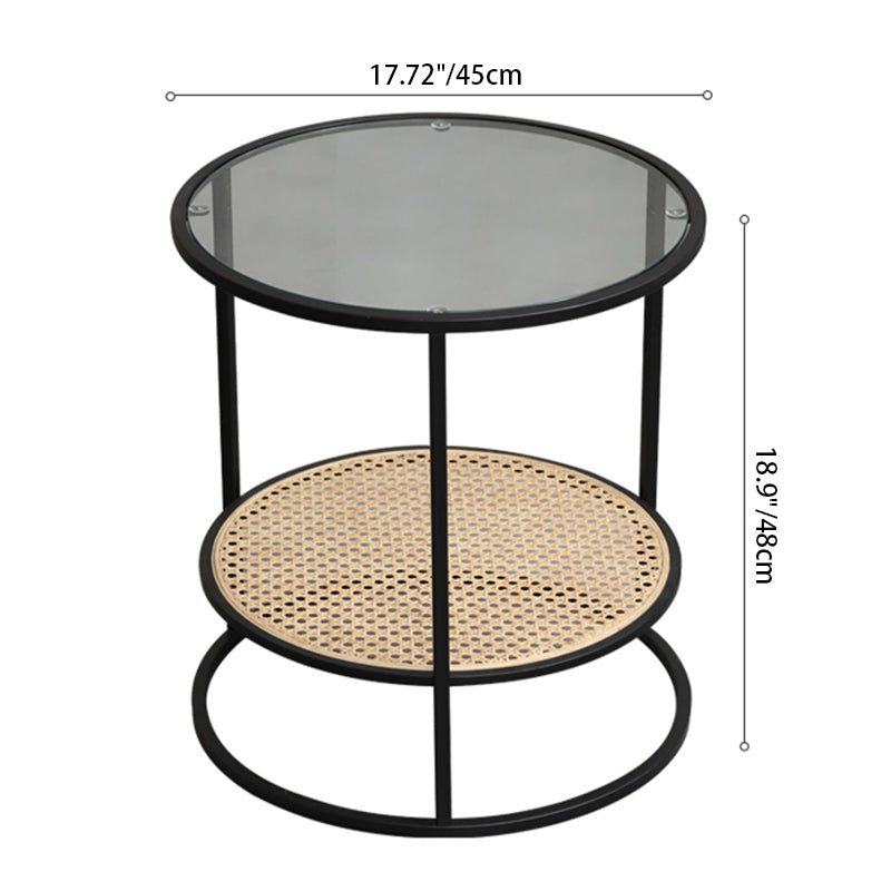 Modern Minimalist Round Glass-Top Side Table: Natural Indonesian Rattan & Handwoven - 2-Tier End Table For Living Room Lumendat