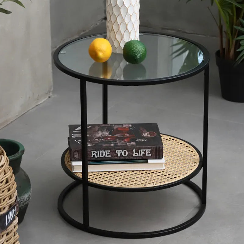 Modern Minimalist Round Glass-Top Side Table: Natural Indonesian Rattan & Handwoven - 2-Tier End Table For Living Room Lumendat
