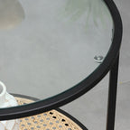 Modern Minimalist Round Glass-Top Side Table: Natural Indonesian Rattan & Handwoven - 2-Tier End Table For Living Room Lumendat