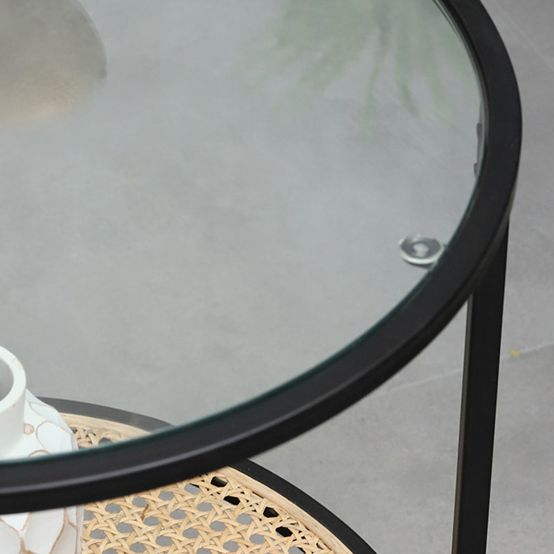 Modern Minimalist Round Glass-Top Side Table: Natural Indonesian Rattan & Handwoven - 2-Tier End Table For Living Room Lumendat