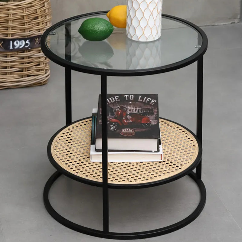 Modern Minimalist Round Glass-Top Side Table: Natural Indonesian Rattan & Handwoven - 2-Tier End Table For Living Room Lumendat