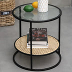 Modern Minimalist Round Glass-Top Side Table: Natural Indonesian Rattan & Handwoven - 2-Tier End Table For Living Room Lumendat