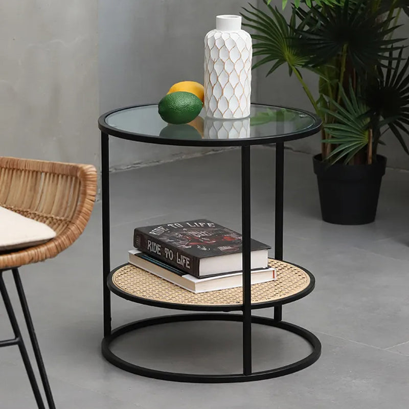 Modern Minimalist Round Glass-Top Side Table: Natural Indonesian Rattan & Handwoven - 2-Tier End Table For Living Room Lumendat