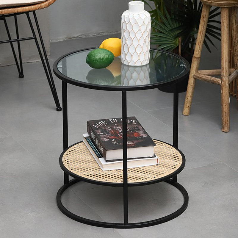 Modern Minimalist Round Glass-Top Side Table: Natural Indonesian Rattan & Handwoven - 2-Tier End Table For Living Room Lumendat