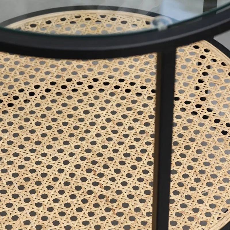 Modern Minimalist Round Glass-Top Side Table: Natural Indonesian Rattan & Handwoven - 2-Tier End Table For Living Room Lumendat