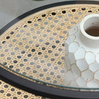 Modern Minimalist Round Glass-Top Side Table: Natural Indonesian Rattan & Handwoven - 2-Tier End Table For Living Room Lumendat