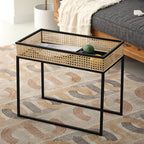 Modern Minimalist Rectangular Iron Desk: Natural Indonesian Rattan & Handwoven - 1 Storage Cabinet Side Table For Living Room Lumendat