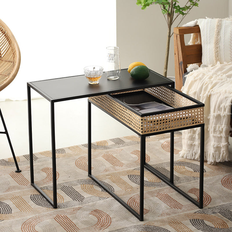 Modern Minimalist Rectangular Iron Desk: Natural Indonesian Rattan & Handwoven - 1 Storage Cabinet Side Table For Living Room Lumendat