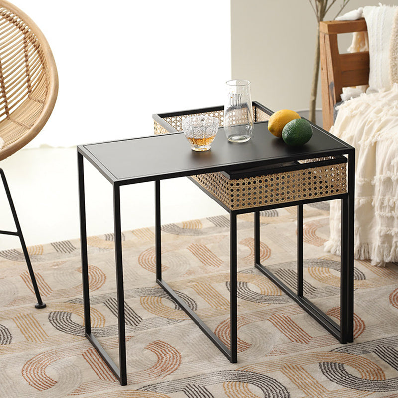 Modern Minimalist Rectangular Iron Desk: Natural Indonesian Rattan & Handwoven - 1 Storage Cabinet Side Table For Living Room Lumendat