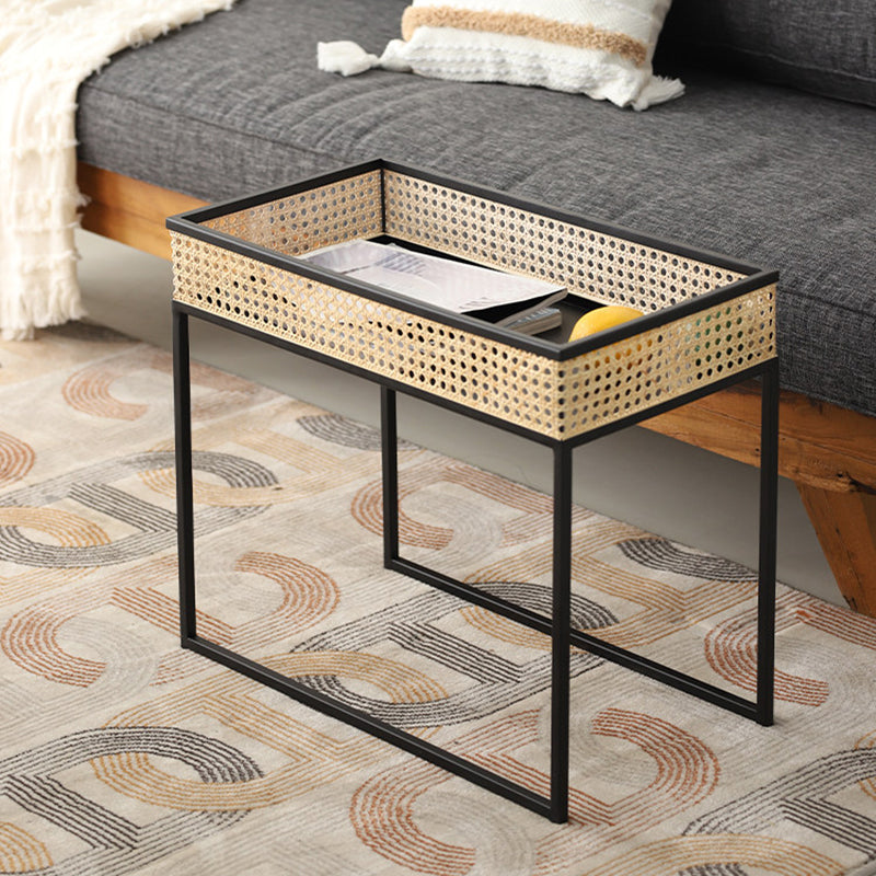 Modern Minimalist Rectangular Iron Desk: Natural Indonesian Rattan & Handwoven - 1 Storage Cabinet Side Table For Living Room Lumendat