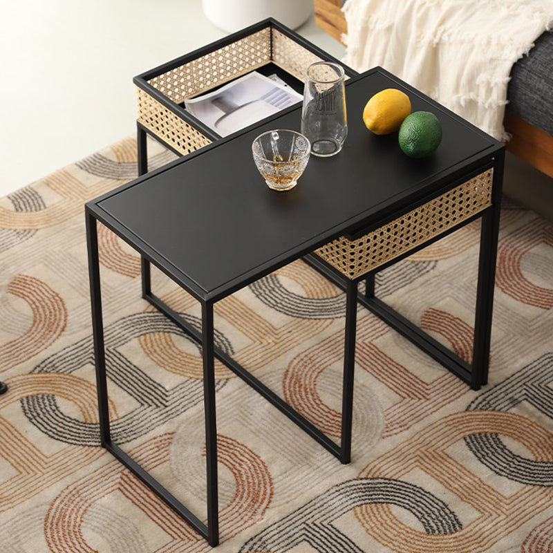 Modern Minimalist Rectangular Iron Desk: Natural Indonesian Rattan & Handwoven - 1 Storage Cabinet Side Table For Living Room Lumendat