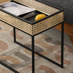 Modern Minimalist Rectangular Iron Desk: Natural Indonesian Rattan & Handwoven - 1 Storage Cabinet Side Table For Living Room Lumendat