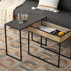Modern Minimalist Rectangular Iron Desk: Natural Indonesian Rattan & Handwoven - 1 Storage Cabinet Side Table For Living Room Lumendat
