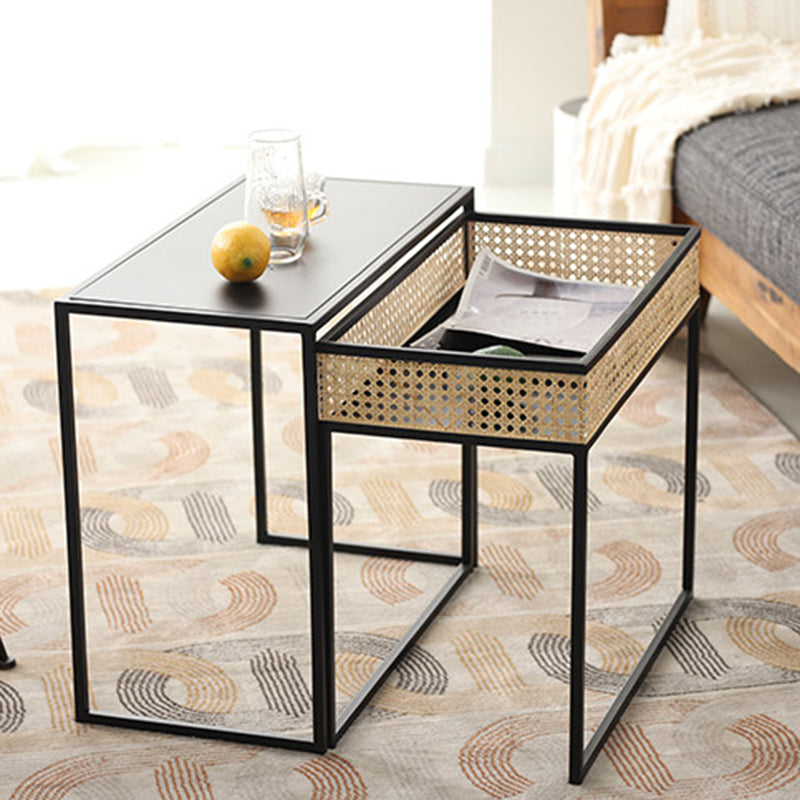 Modern Minimalist Rectangular Iron Desk: Natural Indonesian Rattan & Handwoven - 1 Storage Cabinet Side Table For Living Room Lumendat