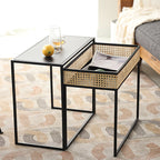 Modern Minimalist Rectangular Iron Desk: Natural Indonesian Rattan & Handwoven - 1 Storage Cabinet Side Table For Living Room Lumendat