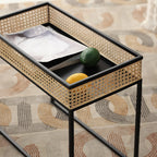 Modern Minimalist Rectangular Iron Desk: Natural Indonesian Rattan & Handwoven - 1 Storage Cabinet Side Table For Living Room Lumendat