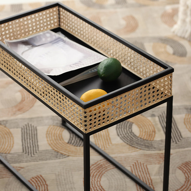 Modern Minimalist Rectangular Iron Desk: Natural Indonesian Rattan & Handwoven - 1 Storage Cabinet Side Table For Living Room Lumendat