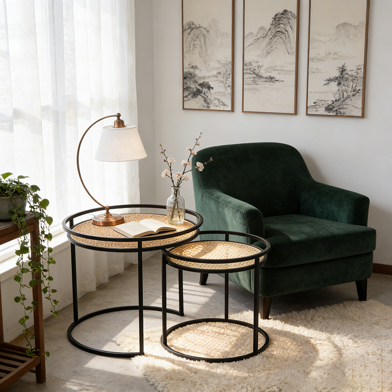 Modern Minimalist Round Iron Side Table: Natural Indonesian Rattan & Handwoven - Dual-Table Set End Table For Living Room Lumendat