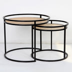 Modern Minimalist Round Iron Side Table: Natural Indonesian Rattan & Handwoven - Dual-Table Set End Table For Living Room Lumendat