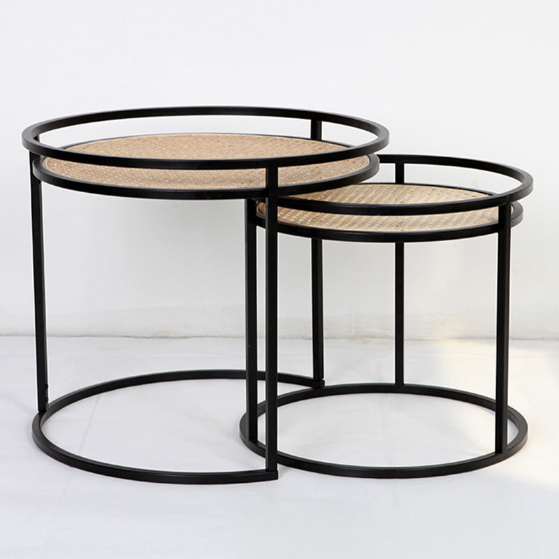 Modern Minimalist Round Iron Side Table: Natural Indonesian Rattan & Handwoven - Dual-Table Set End Table For Living Room Lumendat